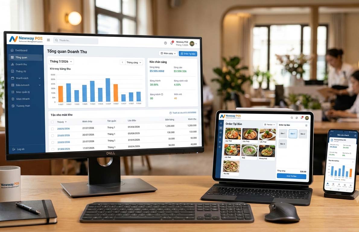 Giao diện phần mềm quản lý nhà hàng Newway POS trên máy tính và máy POS